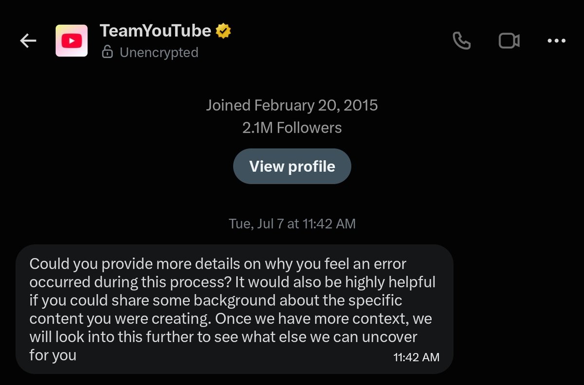 Wrathdumps's tweet photo. 67 days. I genuinely don’t know what else I’m supposed to do at this point.

My 750K subscriber YouTube channel, Wrathdumps was terminated on July 2 for “Spam, deceptive practices and scams.” I had never received a Spam/Deceptive warning or strike before the termination.

On July 7, @TeamYouTube asked me to explain why I believed the termination was an error and said they would “look into this further.” I gave them the full context, my channel ID, appeal information, and everything I could think of that might help.

The problem is YouTube has never told me what specific content or behavior actually caused the termination, so I had no way of knowing what exactly I was supposed to defend. One of the only notable format changes before the termination was a small batch of “Top 3 moments” Shorts made from my own Roblox gameplay, so I later sent one representative Short together with the original gameplay clips used to make it. I was not claiming that Short caused the termination. I sent it simply so whoever was reviewing the channel had something concrete showing how that content was actually made.

Since then, I’ve spent over 2 months getting different versions of:

“we’re still working on this”
“we’re still looking into this”
“we’re still checking on this”
“we’ll circle back”

I stopped asking for generic updates and started asking direct questions: Does a separate internal review actually exist? Was it assigned to someone? Did the team receive the source files I sent? Is there a case/reference number?

I still haven’t gotten an answer to any of those questions.

My appeals were denied with basically the same generic response, and to this day I still have not been shown a single specific video, link, comment, title, or action that supposedly justified terminating the entire channel for Spam.

I’m not asking for another “we’re still working on it” reply. Please get my actual channel and the source files I provided in front of someone in Trust & Safety who can properly re-review this termination.

If the termination is genuinely correct, then at the very least tell me what specific content or behavior crossed the line. After 67 days, I don’t think that is an unreasonable thing to ask.