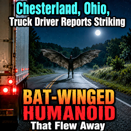 PhantomMonster's tweet photo. Chesterland, Ohio, Truck Driver Reports Striking BAT-WINGED HUMANOID That Flew Away - A newspaper delivery driver reported striking a large winged figure on Route 322. When he stopped to investigate, he said it stood on two legs. https://t.co/DGlTGTZqNy https://t.co/6GGM9ujJZN