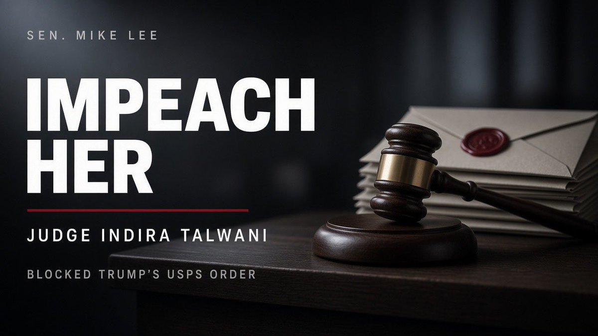 GuntherEagleman's tweet photo. 🚨 Senator Mike Lee just drew a line in the sand.

Impeach Judge Indira Talwani. Now.

She blocked President Trump’s USPS mail-in ballot executive order multiple times, forcing several trips to the Supreme Court.

Lee’s words: “Impeach Judge Talwan, now!”

Enough rogue judges!

She overstepped her authority and turned the bench into a weapon against America and secure elections.

Congress: do your job. 💯