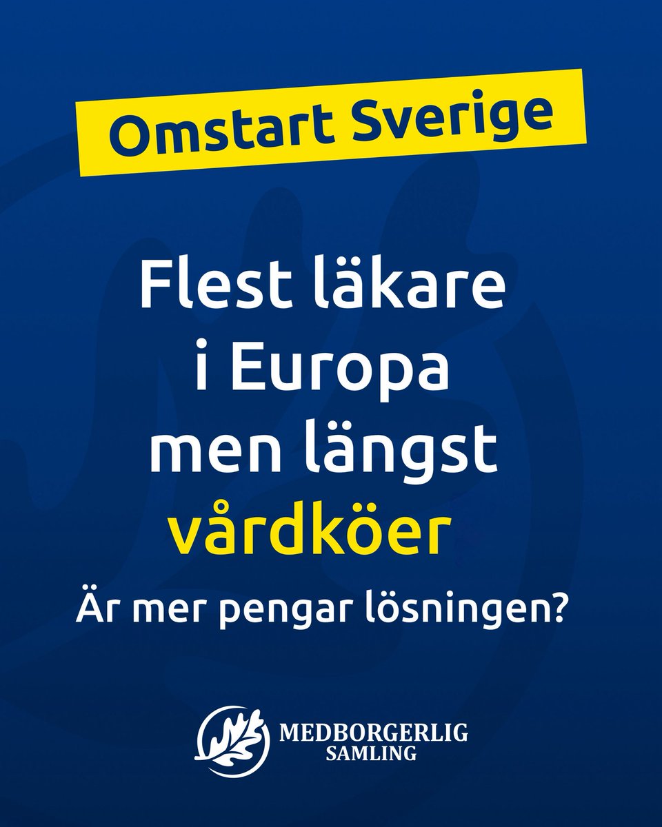 medborgsamling's tweet photo. VÅRD INOM 48 TIMMAR - I HELA LANDET

Vårdköerna är inget olycksfall. De är ett systemfel.

Vi vill bygga om från grunden:

👉 Vårdgaranti: Vård inom 48 timmar, oavsett var du bor

👉 Trygghetssystem: 100 % från dag ett

👉 Individanpassad sjukförsäkring 

👉 En A-kassa du styr själv

👉 Välfärden ska fungera när du behöver den – inte när systemet råkar ha tid.

Sverige behöver inga fler småjusteringar i marginalen, Sverige behöver en rejäl omstart.

Det är dags nu. Rösta på Medborgerlig Samling till kommun, region och riksdag i valet 2026.

#Omstart #Sverige #val2026
