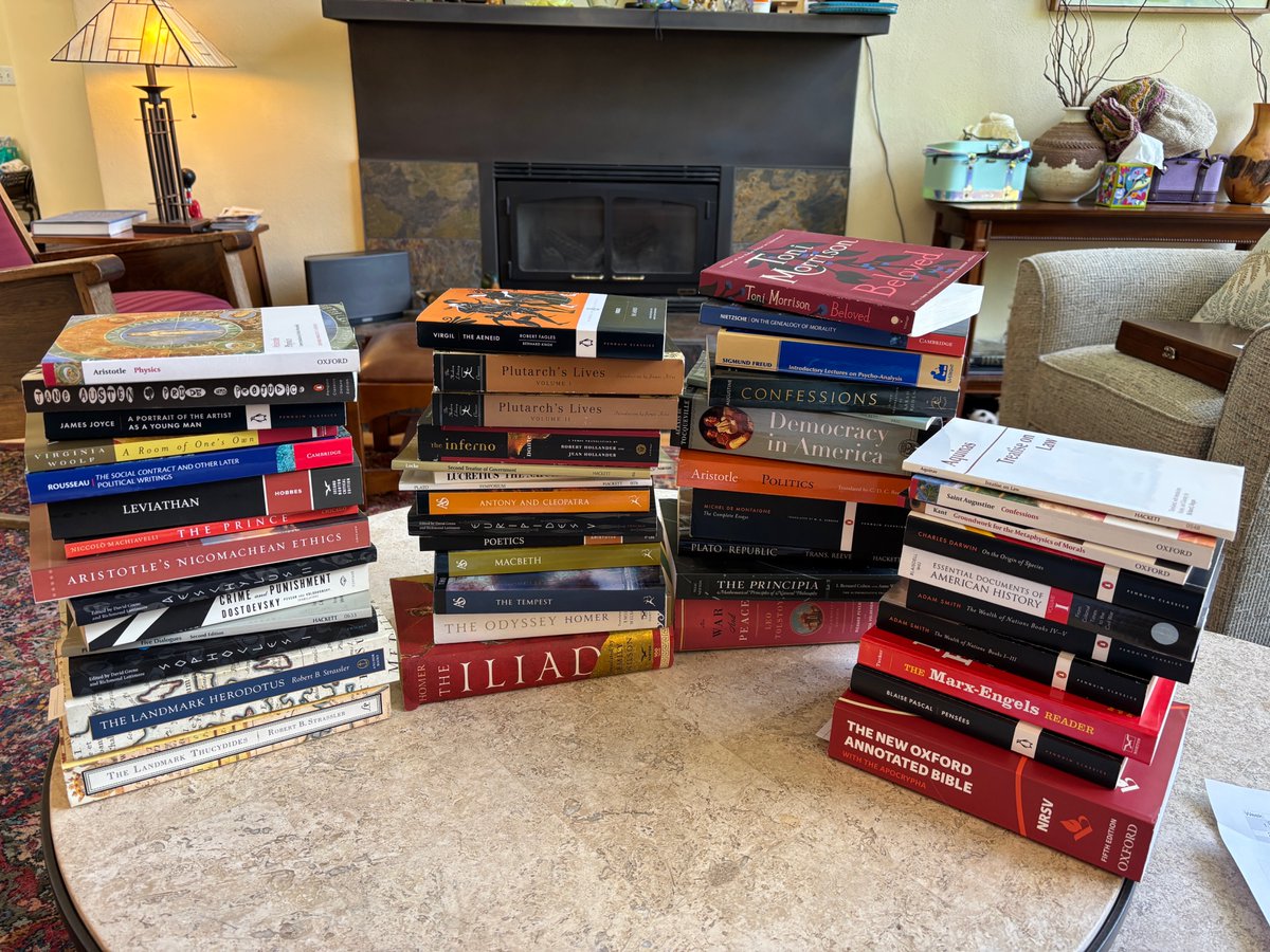 andy_matuschak's tweet photo. U Chicago offers a great four-year program studying the "Great Books of the Western World". Meets weekly online for 3hr discussion-based seminars with some wonderful facilitators and ~12 peers. Registration open for a few more weeks: https://t.co/Aq4f5ZSEQQ

I recently completed the program. Some reflections:

I can't tell you exactly why I signed up for this program. It sounded like a chance for ongoing encounters with beauty, I suppose. But also, some deep-down part of me harbored this delusion: "There are so many great classics I haven't read! So many great ideas I understand only shallowly. I can just sign up for this one program, and I'll end up checking so many metaphorical boxes!" In hindsight, I think I related to this mountain of books like a naive American tourist visiting Europe for the first time. I'll book a whirlwind guided tour to "check off" all the must-see sites! Then, in some sense, I'll be done with them!

That frame is obviously idiotic, both emotionally and practically. After about a thousand hours of reading and discussion, I don't feel I've truly understood or mostly metabolized almost any of these books. Rather, I got something like that naive tourist would: initial familiarity and connection with a wide range of cultural touchstones. The list of authors and works, once an abstract index, is now vivid and personal. Once I'd visited the Sagrada Familia, the idea of "checking it off" some kind of touristic bucket list became absurd. Instead, now that I'm introduced, I want to return again and again, noticing more and deepening my connection to it. Having finished my whirlwind tour, I now know where I'd like to return and linger on future trips. (Lucretius, Locke, Rousseau, Nietzsche...)

Programs like this call themselves "Great Books" programs, but I they're really more like "Great Ideas" programs. The selections and juxtapositions are designed to trace certain lines of Western thought: who should rule and how, the role of individuals in society, the shifting basis of morality, the meanings of virtue, knowledge, and justice, etc etc. I just loved following these arcs. They situate the texts in a web of humanity: rather than a grab-bag of independent texts, the selection was a series of unfolding conversations spread across centuries and continents. I found it plainly thrilling, for instance, to follow the beginnings of liberalism from abstract philosophical treatises up to the bloody stakes of the Declaration of Independence.

Part of the thrill is: individuals made these things! You can read their words. You can bear witness, centuries hence, to the birth of Plato's Forms, or deontology, or the novel as a literary form. Yes, I'm willing to give due credit to their intellectual contexts, and to hang appropriate asterisks on "Great Man" interpretations of history. But still—just imagine being Darwin, writing that book. I get very inspired in my design work thinking about Mendeleev and Playfair and Viete, individual humans who created new representations of thought for science and mathematics. This pile of books helped me appreciate the miracle of individual human invention behind so much in Western thought.

(photo from a classmate—alas, I mostly read digitally, which in hindsight deprived me of the physicality of this memory)