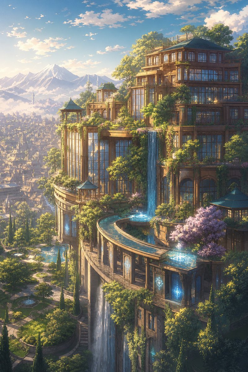 LofivibesbyGZU's tweet photo. The higher you climb, the quieter the city becomes. Soon, there is only sunlight on the glass, water flowing between hidden gardens, and mountains waiting beyond the rooftops. 🌿💧✨

#AnimeArt #FantasyArt #DigitalArt #FantasyArchitecture #VerticalGarden #CozyFantasy https://t.co/XgUpBtv69z