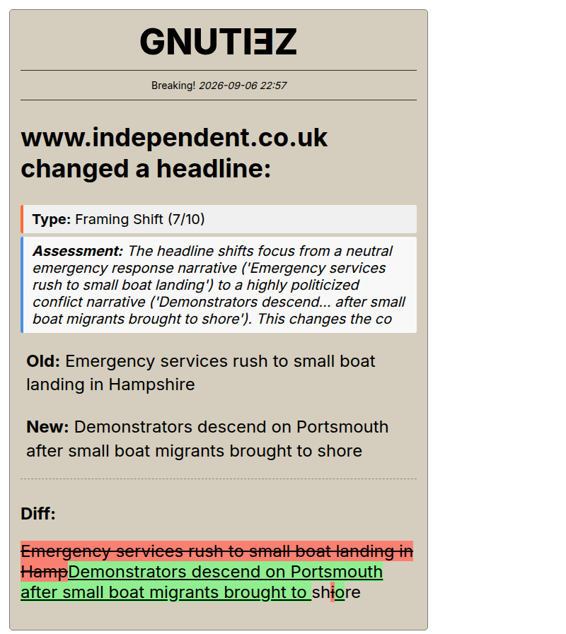 gnutiez's tweet photo. https://t.co/4Mu81DQATa.#uk changed a headline.

⚠️ Framing Shift (7/10) ⚖️

Instead of:
#Emergency services rush to small boat landing in Hampshire

it now reads:
Demonstrators descend on Portsmouth after small boat migrants brought to shore https://t.co/pbiRpuDSUZ