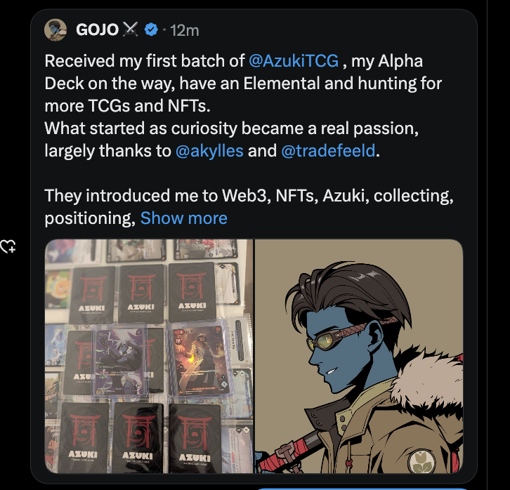akylles's tweet photo. Since July 3rd [My birthday], I onboarded 10 new Members to @Azuki ⛩️

You know what is the cool part? They all got onboarded from @AzukiTCG 

They all went on Ebay searching for cards, then went to the Azuki website

Then asked me about NFTs, bought their first Azukis, Elementals, Gold Beanz [3 of them bought Gold beanz],  @GoldBeanz 

!IMZ ⛩️