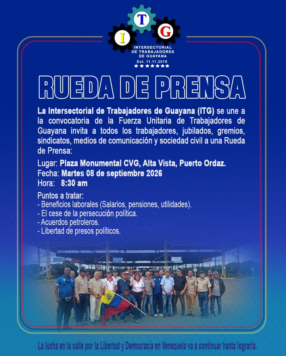 ITGuayana's tweet photo. #ITGuayana | Están convocados e invitados todos los Trabajadores Jubilados  y Activos de la #CVG Casa Matriz, demuestren que realmente están preocupados por la violación de todos sus derechos como #Trabajadores y Ciudadanos venezolanos y desean tener un mejor país, brindando su apoyo con su presencia a las actividades de calle que se realizan.🇻🇪 

Venezuela es de todos  y todos debemos luchar por ella mostrando rostros.😘