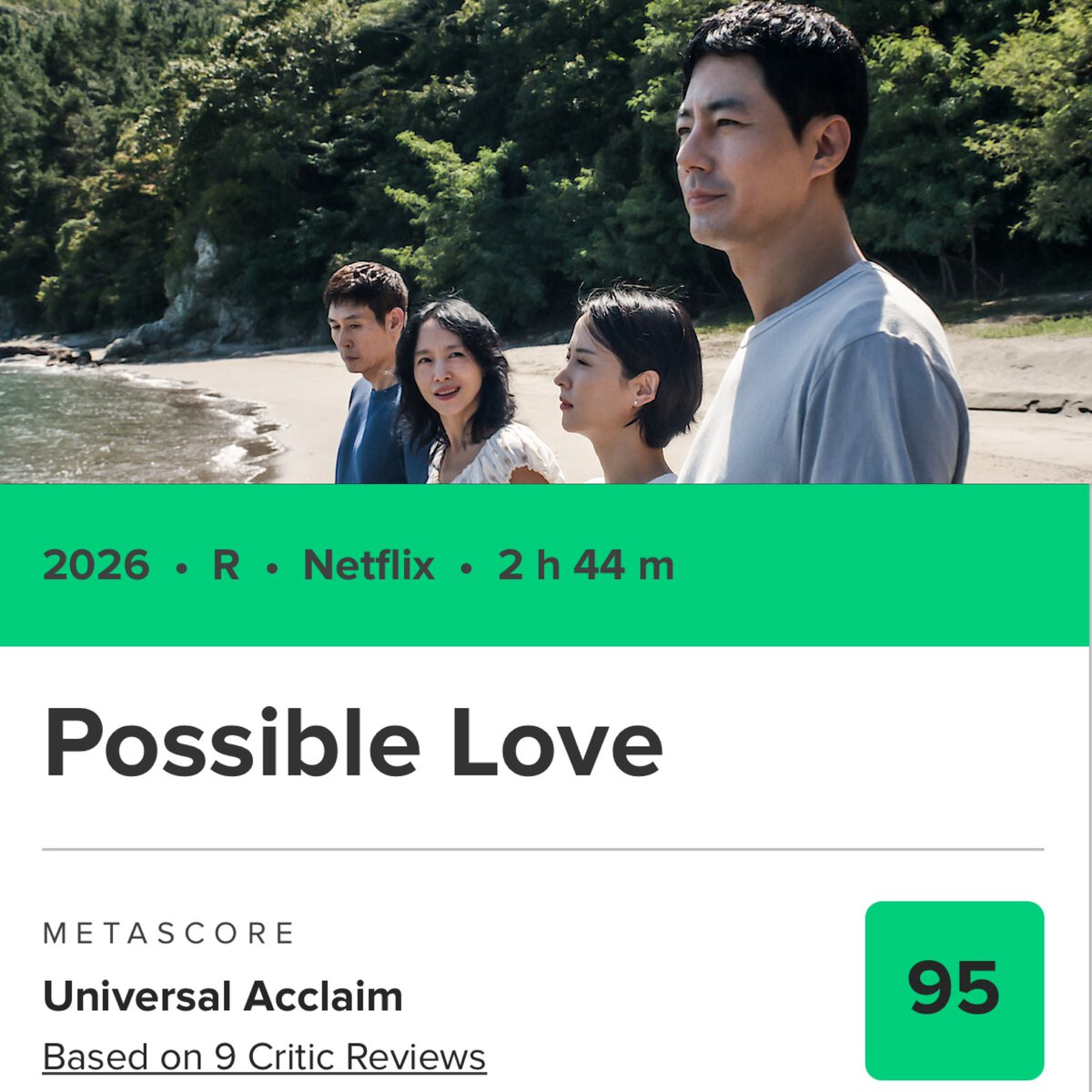 effoff1988's tweet photo. WOW, proper sky high Metacritic start for Lee Chang-dong’s POSSIBLE LOVE that just had its world premiere in Venice.

Now both Netflix and Neon have 2 foreign language films that are strong BP contenders so … how many of the 4 will make the top10?

Absolute CINEMA! https://t.co/pG8pRLMwSM