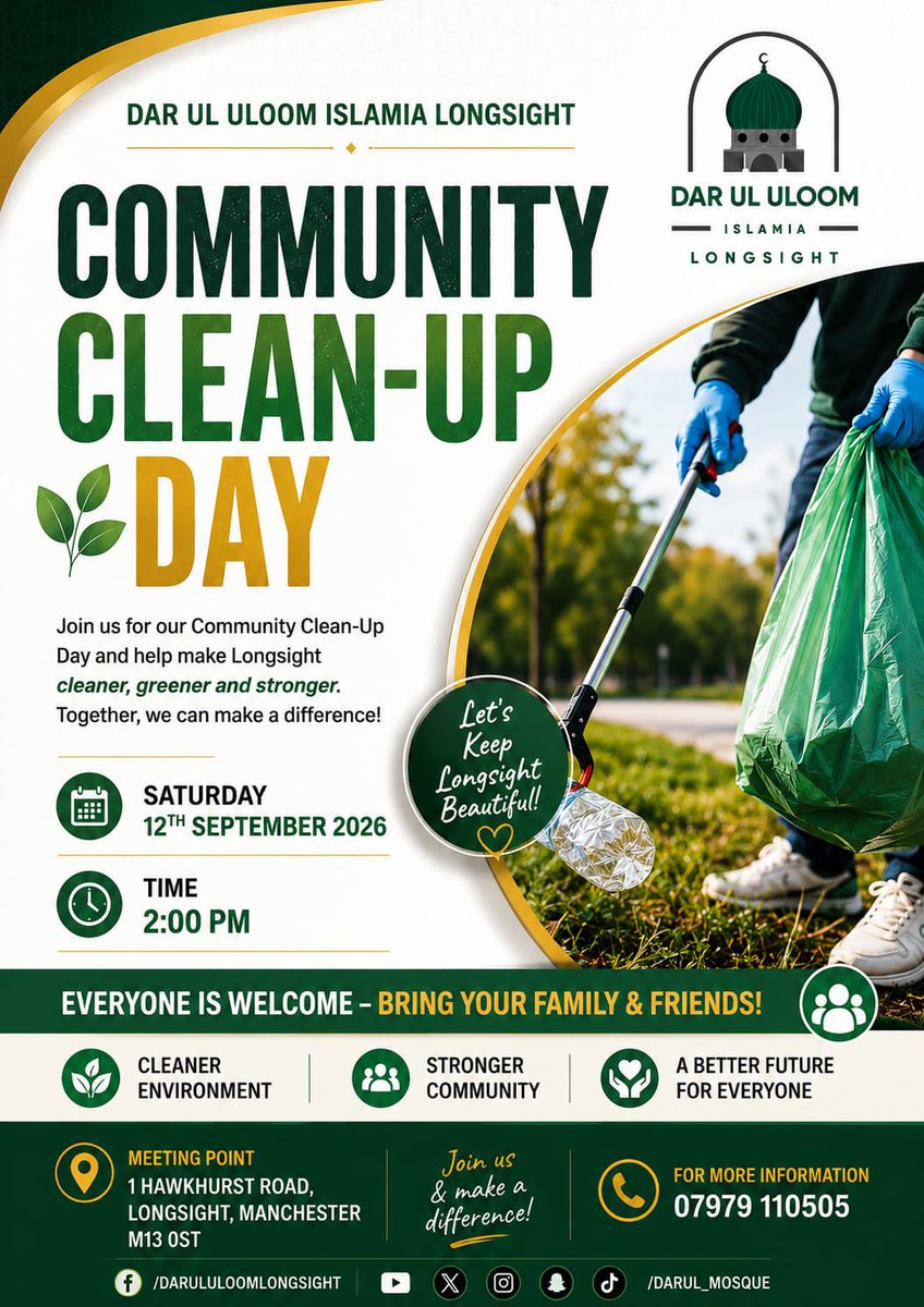 darul_mosque's tweet photo. 🌿 Let’s Keep Longsight Beautiful! 💚

Join us on Saturday 12th September at 2 PM for our Community Clean-Up Day. Bring your family &amp; friends and let’s make a difference together! 🤝🌍

Cleaner Longsight. Stronger Community. Better Future. https://t.co/Ha5LQL05Bt