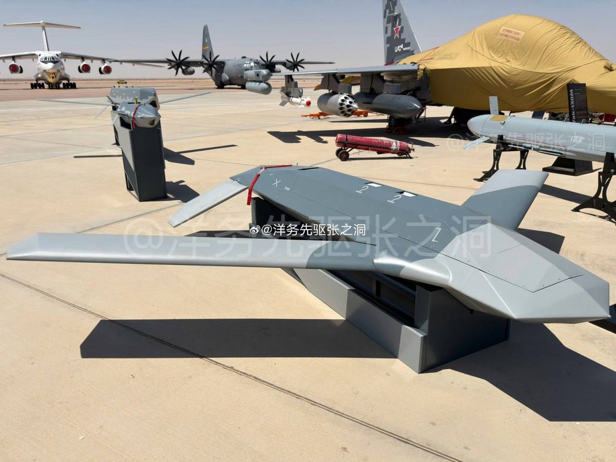 OSINTWarfare's tweet photo. Precision-guided air-launched munitions for the Su-57E, displayed by Rosoboronexport at the El Alamein International Airshow 2026 in Egypt:

• S-71M “Monokhrom” stealth cruise missile
• S-71K “Kovyor” stealth cruise missile
• S8000 “Banderol” small cruise missile
• An unidentified small-sized munition