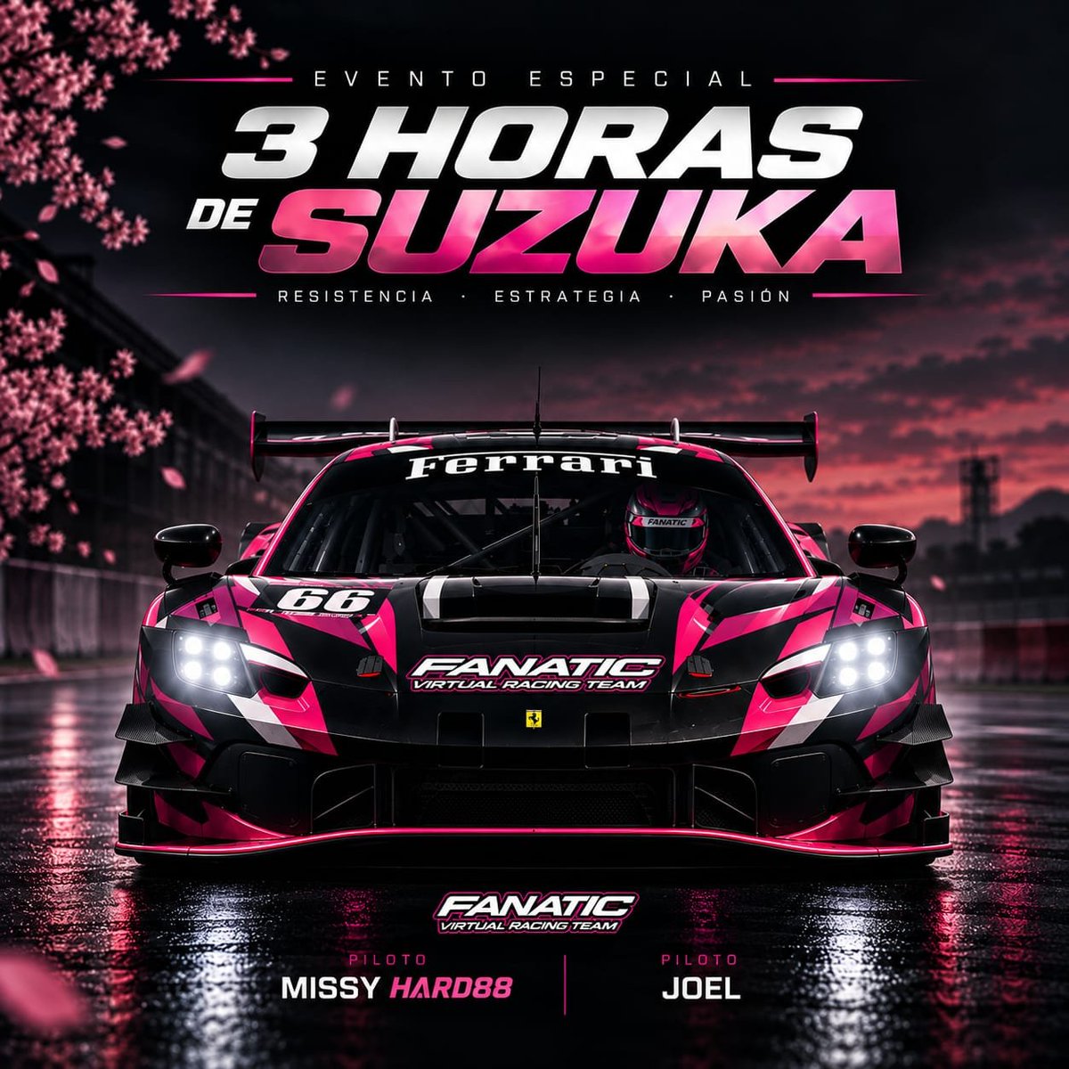 FanaticVirtual's tweet photo. 🩷🏁 HOY: 3 HORAS DE SUZUKA

El Ferrari de FANATIC vuelve a pista.

🇯🇵 Suzuka
⏱️ 3 horas
🏎️ @missyhard88
🏎️ Joel

Dos pilotos afrontando individualmente las 3 horas de resistencia.

🔥 Una pista. Tres horas. Una batalla contra el reloj.

¡VAMOS FANATIC! 🩷🏁
#Fanatic https://t.co/DoB3qrHxFR