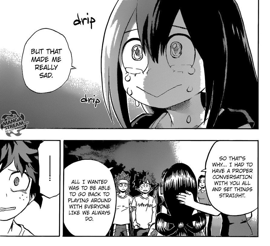 Hyodigan's tweet photo. @ZEUSELGOAT @yosoy0rion Creo que la única vez en dónde se me alzó una ceja con ella fue cuando Horikoshi decidió mostrarla llorando por todo lo sucedido con el rescate de Bakugou en Kamino. Lo sentí como algo bien random.

Tendría más sentido si toda la clase protagonizará el momento, no solo ella. https://t.co/svhjY1mTm6