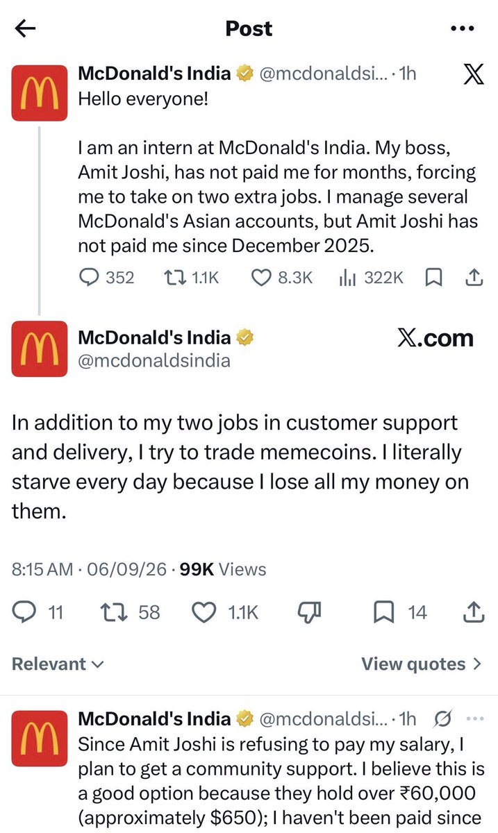 SalutRn's tweet photo. @mcdonaldsindia Your normal posts don’t blow up because you steal from your workers . https://t.co/vfV6Ly3dG0