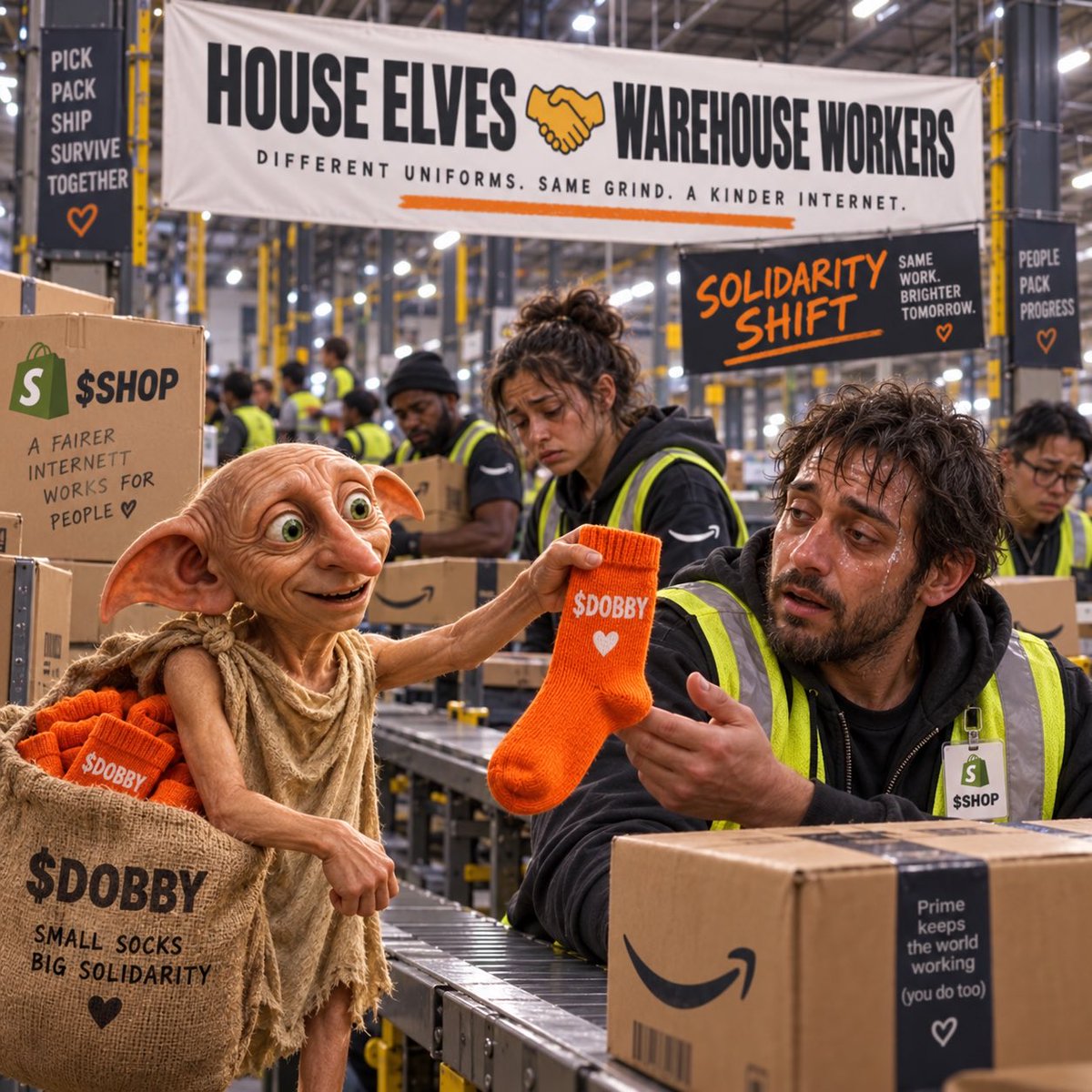 SweatshopAMZN's tweet photo. $DOBBY gave the workers socks.
We gave them another shift.

5,000,000 $SHOP airdropped to 6,811 eligible $DOBBY holders.

~734.1066 $SHOP each.

$DOBBY / MSTRc 🤝 $SHOP / AMZNc

Solidarity between every overworked department.

CLOCK IN. https://t.co/sE26JYovDY