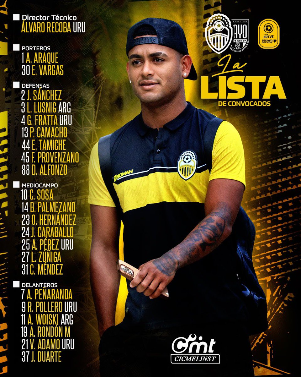 DvoTachira's tweet photo. TODOS juntos por el triunfo en el Templo 🦾

📝 Estos son los convocados para enfrentar a Rayo Zuliano en “Pueblo Nuevo TriunfoBet” y con nuestra gente 👊

#VamosTáchira 💛🖤 https://t.co/1DemZG5t2U
