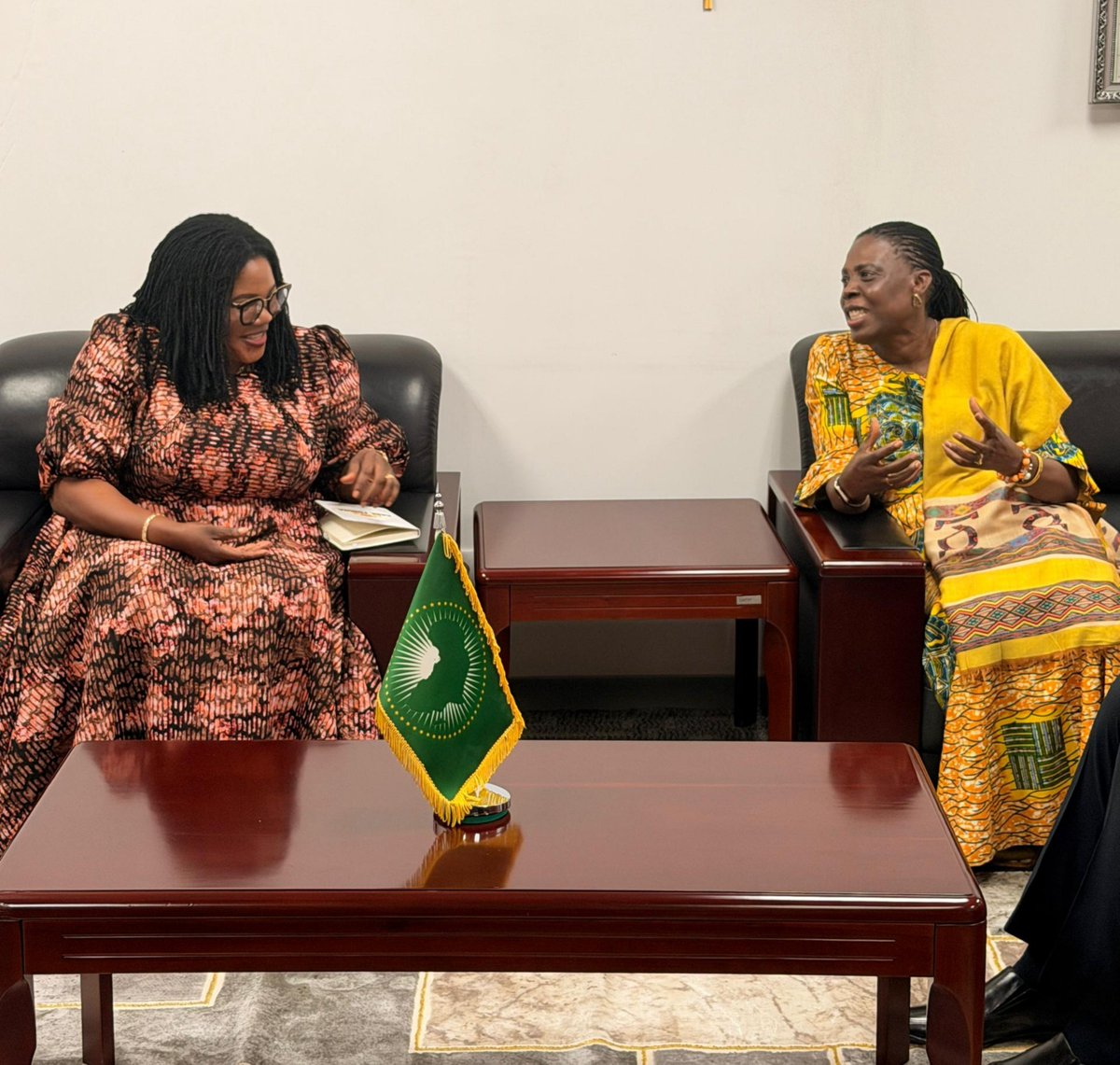 MoGCSP_Ghana's tweet photo. At the #AfricaCareForum in Ethiopia, Hon. Naa Momo Lartey met with AU Commissioner H.E. Amma Twum-Amoah.
They discussed finalizing the AU Champion on #Gender &amp; Development workplan, empowerment, #maternalhealth, #cervicalcancer, &amp; strengthening #socialprotection for women &amp; girl. https://t.co/9m9LJAx4VQ