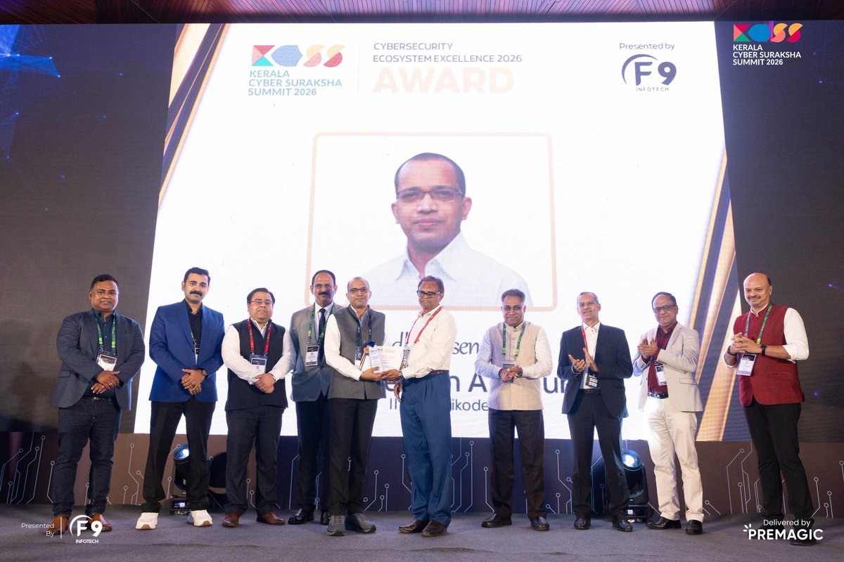 AlathurSreejith's tweet photo. Kerala's cybersecurity ecosystem is rising fast.

Honoured to receive the Cybersecurity Ecosystem Excellence Award 2026 at #KCSS2026, Kochi — thank you F9 Infotech &amp; the distinguished jury. https://t.co/1iCWM6oOpd