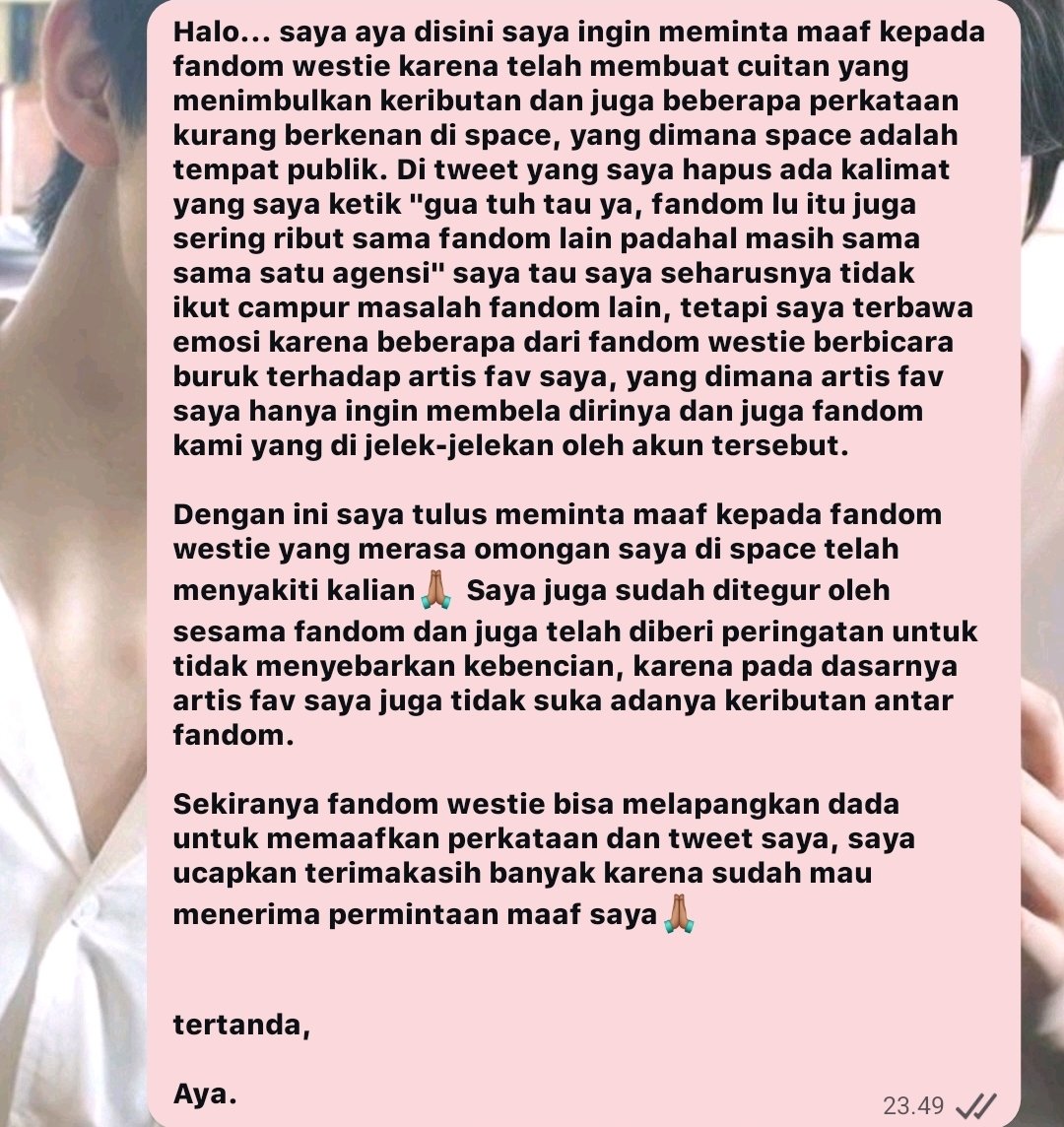 putihfansiswa's tweet photo. Dengan rendah hati saya sampaikan permintaan maaf kepada fandom westie🙏🏼🙏🏼 https://t.co/loJSuGDshP