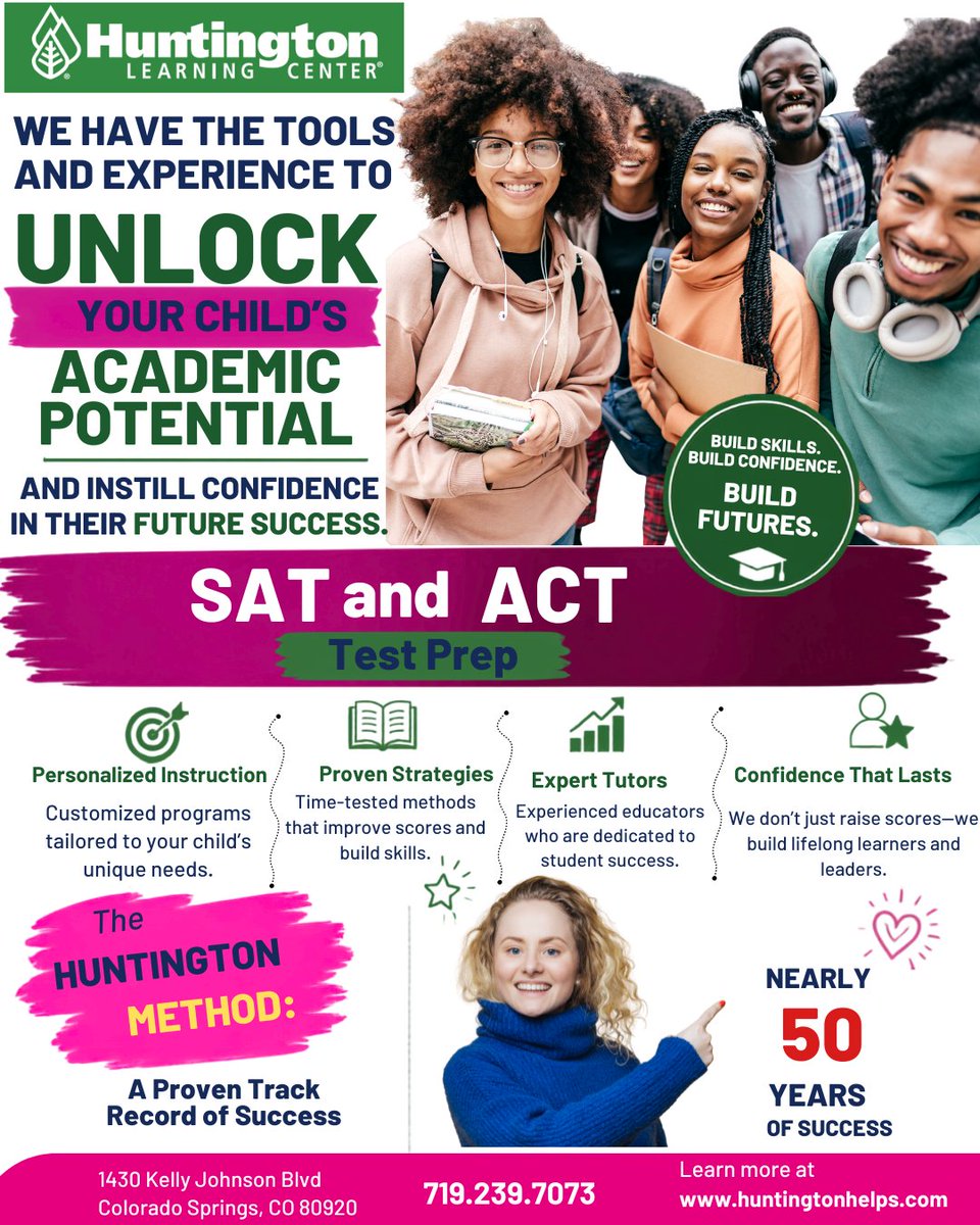 LearningSprings's tweet photo. 📚 Unlock Your Child's Academic Potential! 🌟

Every child has the ability to succeed—with the right guidance. At Huntington Learning Center Colorado Springs, our personalized SAT &amp; ACT test prep programs help students improve scores, build confidence, and prepare for a... https://t.co/0sTkZVgcMj