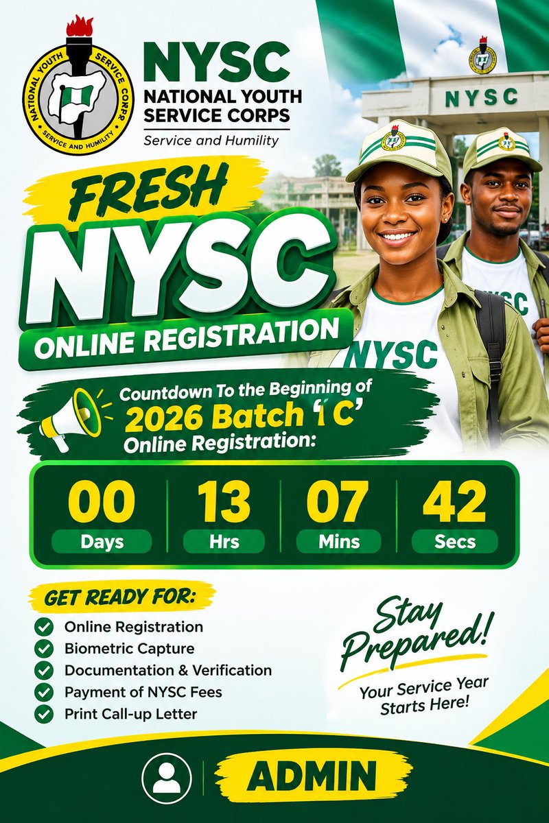 ninandnysc's tweet photo. NYSC Registration starts Monday! ⏳
Get ready and avoid last-minute issues.
We can help you update your NIN name(s) to match the name(s) on your certificate and NERD registration.
📩 Message us today to get started!
NYSC REGISTRATION IS HERE — BE READY! 🇳🇬 https://t.co/T3ZVzL7jXU