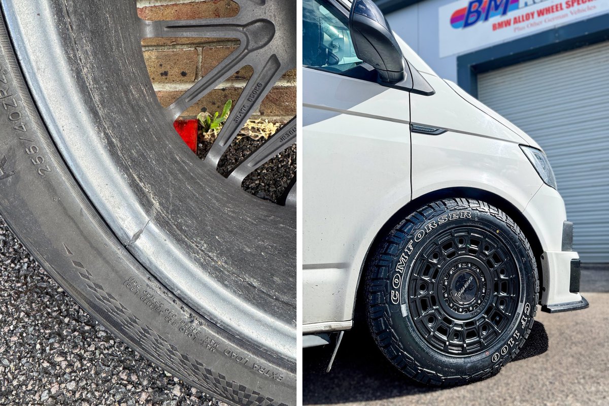 ColleenBaladejo's tweet photo. This Volkswagen Transporter T6 swapped problematic 20-inch wheels for a swamper-inspired setup: 17-inch satin black Tomahawk Yakama wheels with Comforser CF1100 all-terrain tyres for improved durability, comfort, and an aggressive stance. https://t.co/M7JQQoxJNe