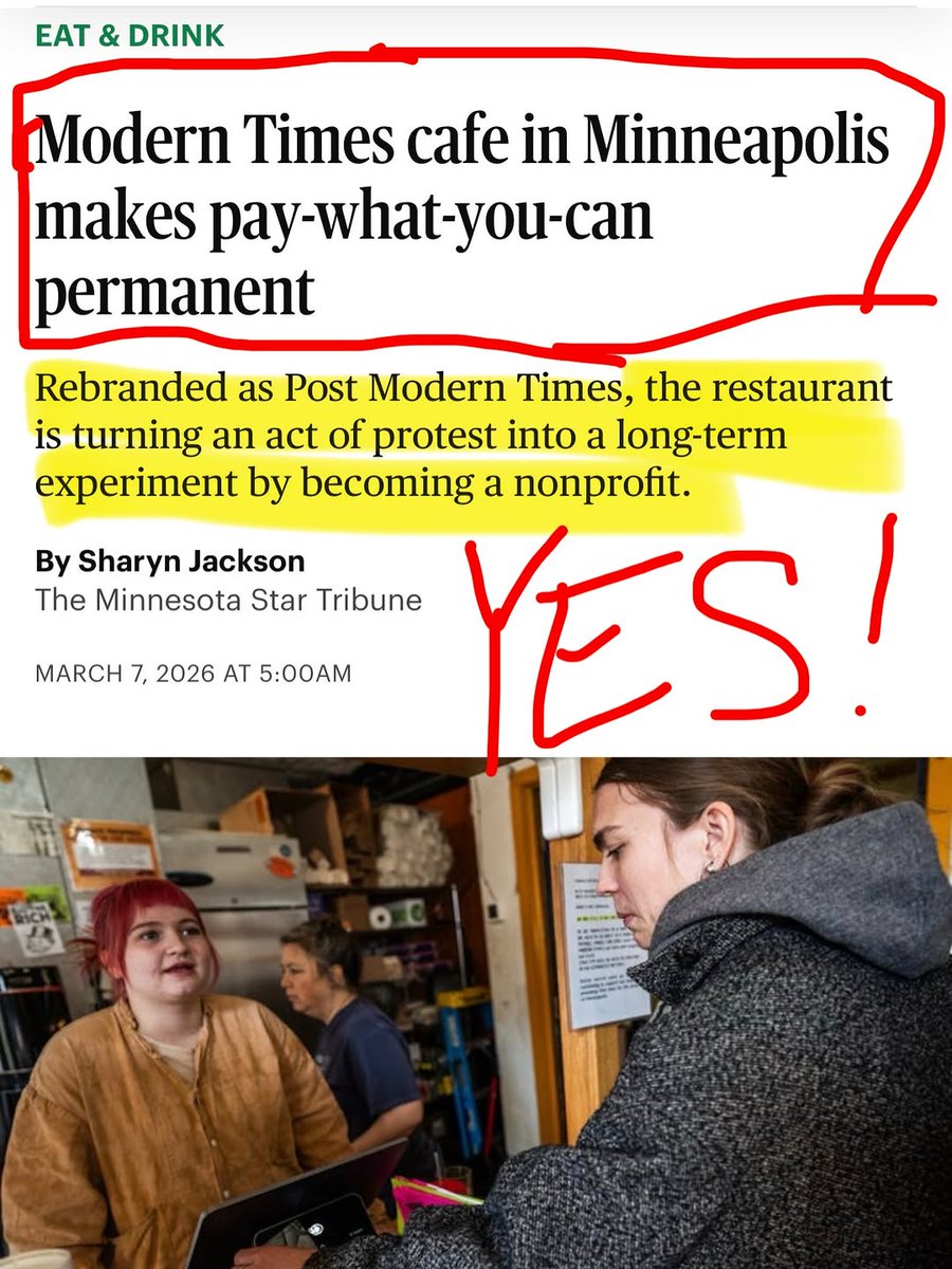 PIPIUOYUTGJJ's tweet photo. Seeing ’ owner Dylan Alverson’s video announcing that his restaurant was going 100% free in the wake of our government’s illegal occupation of Minnesota put a battery in my back to go there and check things out. Dylan made sure I go across the street... https://t.co/8mx2JnHWjt