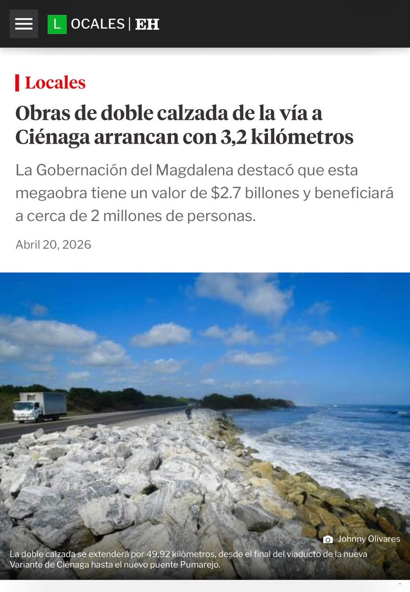 Fhernandezpolo's tweet photo. La verdad es una sola: la doble calzada Ciénaga–Barranquilla no nació con este Gobierno. Fue durante el gobierno de @petrogustavo que se consolidó la APP Ruta Magdalena Sierra Mar, se obtuvo la licencia ambiental para los viaductos y, el 20 de abril de 2026, arrancaron físicamente las obras de la doble calzada.

Lo que comienza ahora es un nuevo frente: el viaducto del km 19. Que no pretendan borrar la historia para apropiarse de lo que no hicieron. Esta obra avanza porque el Gobierno Petro la destrabó, la puso en marcha y dejó el camino trazado.