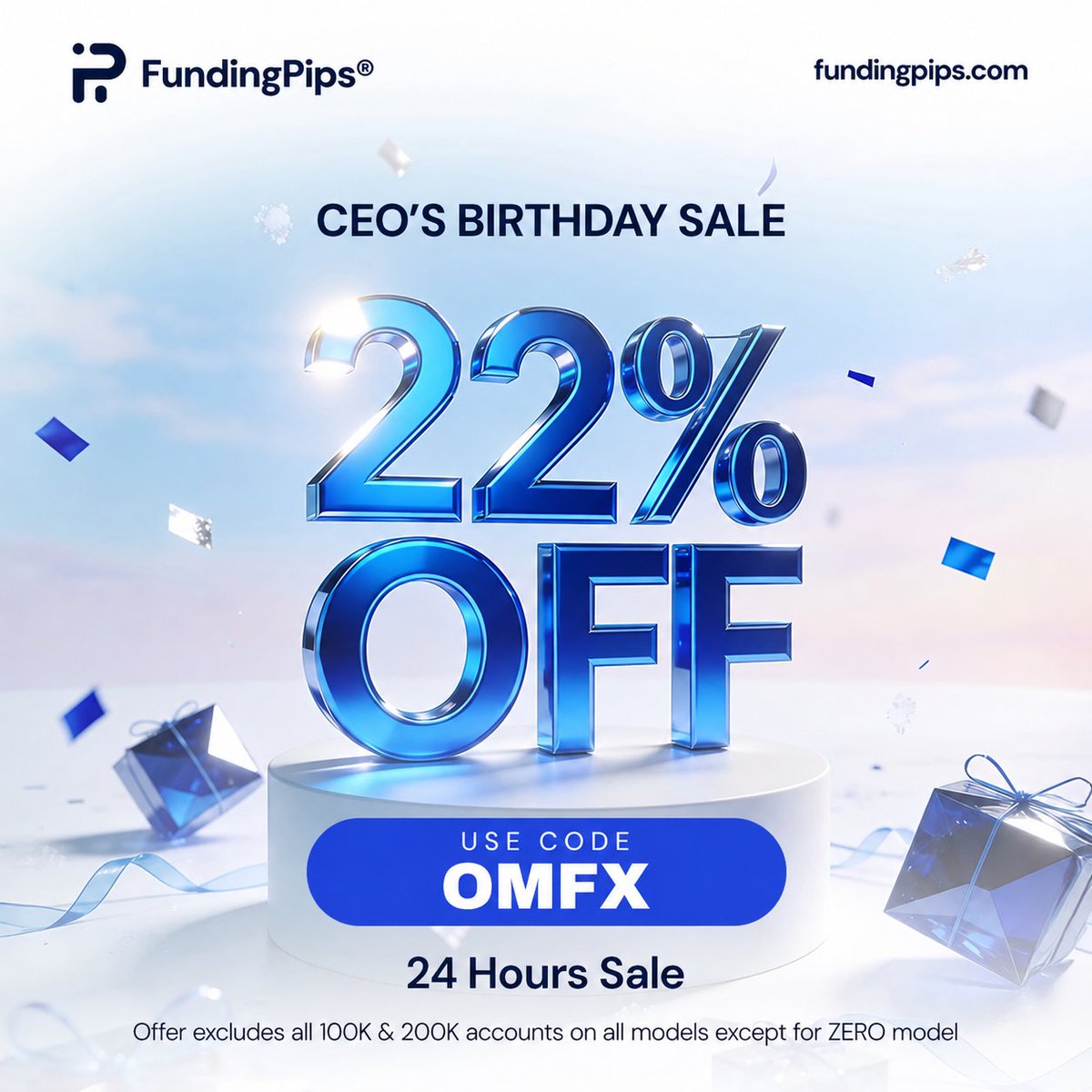 adityaomyt's tweet photo. 🚨FLASH SALE 🚨

@fundingpips BIG 22% OFF for 24 hrs 

⏰ 24 HOURS ONLY
♻️ Multiple uses allowed
💙 Use code "OMFX"

If you’ve been waiting to grab a FundingPips account, this is the time.

They rarely offer discounts, let alone a big 22% OFF !!!

And of course, a very Happy Birthday to the man behind it! 🎂

@Khldfx 

DM me your purchase receipt for exclusive CASHBACK and BONUS accounts from my side.

Stack Up !!! 🎯