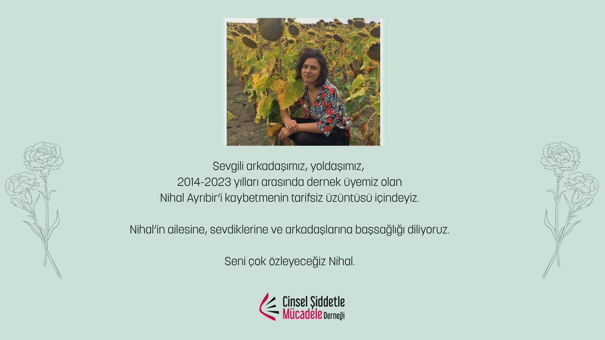 cs_mucadele2's tweet photo. Sevgili arkadaşımız, yoldaşımız, 2014-2023 yılları arasında dernek üyemiz olan Nihal Ayrıbir’i kaybetmenin tarifsiz üzüntüsü içindeyiz.

Nihal’in ailesine, sevdiklerine ve arkadaşlarına başsağlığı diliyoruz.

Seni çok özleyeceğiz Nihal. https://t.co/2XBiY7TOLa