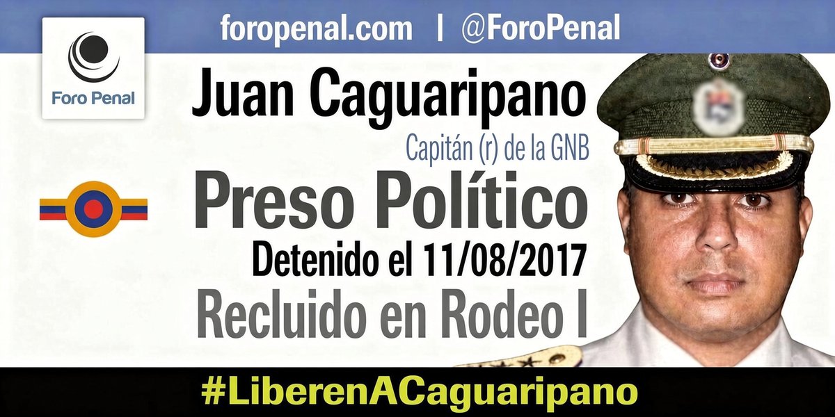 ForoPenal's tweet photo. Juan Carlos Caguaripano Scott, 
Capitán (GNB), en situación de retiro, es esposo y padre de una niña. Fue señalado como uno de los responsables de la incursión en la 41.ª Brigada Blindada del Ejército, en el Fuerte Paramacay, ocurrido el 6 de agosto de 2017.

El 11 de agosto de 2017, Caguaripano Scott y el teniente Yeferson García Dos Ramos fueron detenidos por funcionarios de PoliSucre. Posteriormente fueron trasladados a la sede de la DGCIM en Boleíta.

Tras su ingreso, Caguaripano denunció haber sido sometido a torturas físicas y psicológicas, incluyendo golpizas, descargas eléctricas, asfixia con gas pimienta, golpes en los genitales y amenazas contra su pequeña hija y su pareja.

Durante un traslado hacia el estado Carabobo, fue nuevamente torturado. Las lesiones sufridas en sus genitales provocaron una hemorragia que requirió una intervención quirúrgica de emergencia.

Al regresar a Boleíta, denunció que las agresiones continuaron y que sus heridas volvieron a abrirse. Posteriormente fue recluido durante 45 días en “La Tumba”, instalación subterránea del SEBIN en Plaza Venezuela, bajo aislamiento extremo e incomunicación.

Su proceso judicial se prolongó durante años. El 19 de diciembre de 2025, fue condenado a 30 años de prisión, junto a otros procesados del caso Paramacay, por delitos que incluyen rebelión militar, traición a la patria y otros relacionados con el levantamiento en la instalación militar.

Las denuncias de tortura no dieron lugar a una investigación efectiva.

En 2018, la Comisión Interamericana de Derechos Humanos CIDH otorgó a Caguaripano la Medida Cautelar MC-798-17, al considerar que se encontraba en una situación de extrema gravedad y urgencia respecto de su vida, salud e integridad personal.

#LiberenATodosLosPresosPoliticos