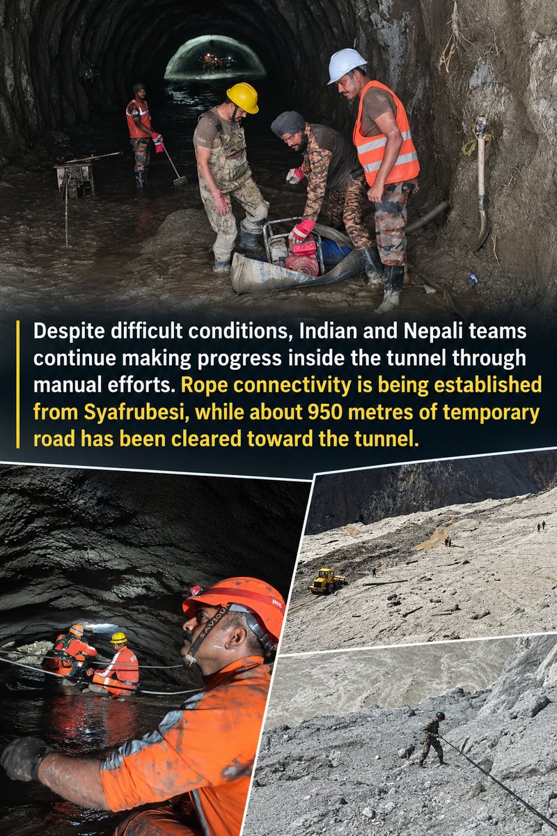 RumourNepal's tweet photo. कठिन भू–भाग, लेदो र डेब्रिसका बीच भारतीय र नेपाली टोलीले सुरुङभित्र खोजी कार्यलाई निरन्तरता दिएका छन्। स्याफ्रुबेँसीदेखि सुरुङसम्म डोरीमार्ग जोड्ने कामसँगै करिब ९५० मिटर अस्थायी सडकसमेत तयार गरिएको छ। https://t.co/JSBPumwleg