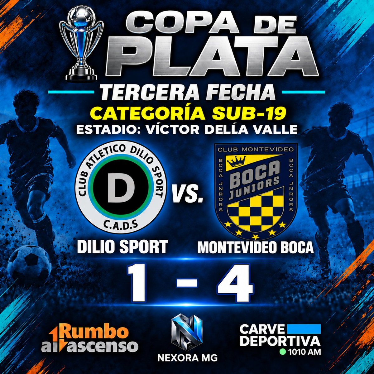 elascensouy's tweet photo. #CopaDePlata 
FINAL
Categoria: Sub 19
Estadio: Victor Della Valle
Dilio Sport 1️⃣ Montevideo Boca 4️⃣

#RumboAlAscenso https://t.co/aVxoYMtM0t