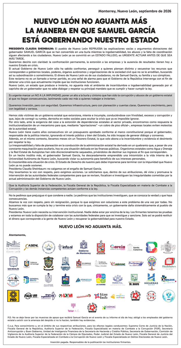AdrianDeLaGarza's tweet photo. De Nuevo León a la Presidenta Claudia Sheinbaum: 

Hoy levantamos la voz con respeto para pedir atención a la situación que vive nuestro Estado.

Solicitamos que los señalamientos sean revisados por las autoridades competentes y que la ley determine lo que corresponda.

Nuevo León merece certeza, legalidad y resultados.