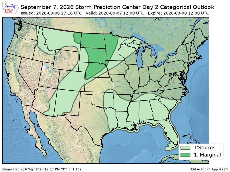 TwistedStratoWX's tweet photo. The Storm Prediction Center issues Day 2 Convective Outlook (Max Risk: Marginal) at Sep 6, 17:16z https://t.co/cu0jP2i71T https://t.co/EGF14PJSrm