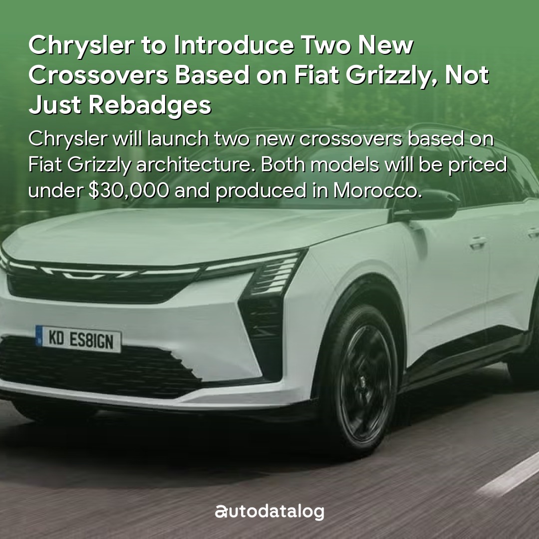 NanceyDimitry's tweet photo. Chrysler will launch two affordable crossovers, the Arrow and Arrow Cross, based on Fiat’s Grizzly platform but featuring distinct designs and interiors. Priced under $30, 000 and built in Morocco, they will expand Chrysler’s US lineup beyond https://t.co/0RFXRdSUT7