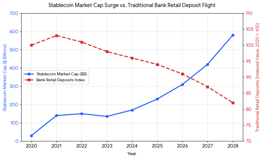 Jay64468740's tweet photo. The banking system is facing an existential shift. 🏦📉Stablecoins aren't just a crypto trend anymore; they are becoming institutional yield engines heavily backed by U.S. Treasuries. This explosive growth surge is anticipating a massive wave of mainstream adoption.  Traditional banks are soundly terrified. Why? Deposit flight. If stablecoin platforms achieve regulatory parity or structures mirroring FDIC safety, trillions in cheap retail bank deposits could migrate into the digital asset ecosystem. To survive, banks are shifting from defense to offense—forming alliances to launch their own "tokenized deposits" by 2027. The line between traditional finance and crypto is completely blurring.

#Crypto #Stablecoins #TradFi #Banking #DeFi #Web3 #Finance