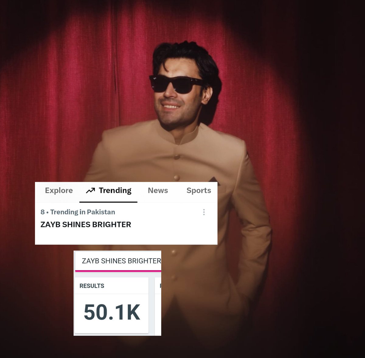 Shahmeerkhann56's tweet photo. Zayb Fandom has become the first fandom in Tamasha 5 to achieve the 50K+ tweets milestone twice!🎉🎉🎉

Currently sitting at #8 on Pakistan’s Official Trending List.

ZAYB SHINES BRIGHTER https://t.co/l8zZxGX7hs