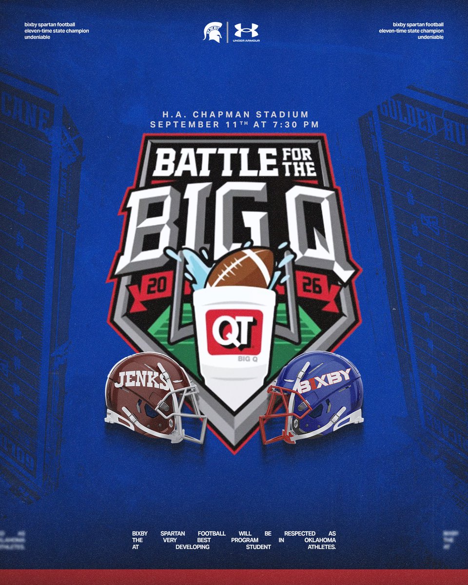 BixbySpartanFB's tweet photo. The inaugural QuikTrip Battle for the Big Q is here!

🆚 Jenks Trojans
📆 Friday at 7:30 pm
📍 H.A. Chapman Stadium
🎟 https://t.co/dFHQWKcWFC
📺 https://t.co/Z4vHdJ5URb
📻 97.1 FM &amp; https://t.co/Mp9HyJtE6g

#BixbySpartans | #Undeniable https://t.co/3bLZDPvK5V