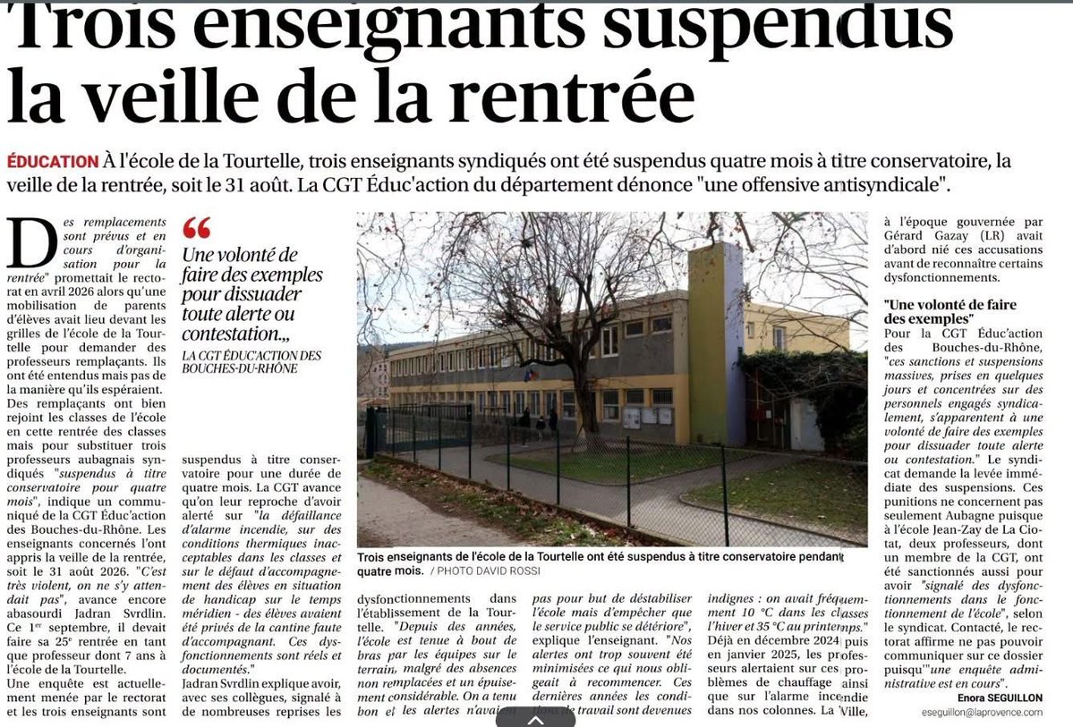 LPendanger's tweet photo. 🚨QUATRE MOIS DE SUSPENSION 
4 lanceurs d’alerte enseignants ont été sanctionnés pour avoir alerté sur l’état de leur école. Dans la droite ligne du #pasdevague et de l’#écoledelaconfiance, il faut continuer à dysfonctionner en silence. 🤐 https://t.co/BYiIMQt6Vt
