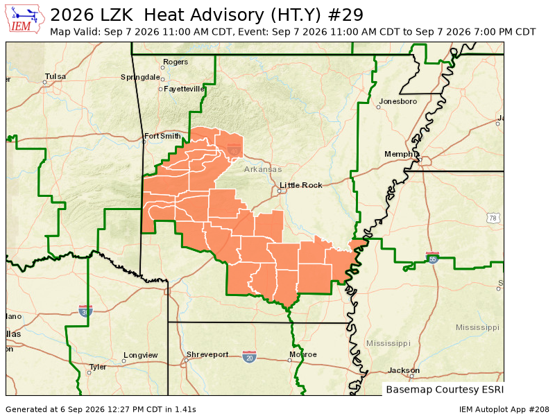 WatchLZK's tweet photo. LZK issues Heat Advisory valid at Sep 7, 11:00 AM CDT for 27 forecast zones in [AR] till Sep 7, 7:00 PM CDT https://t.co/Xswgylaukd https://t.co/IFZR2fZSX3