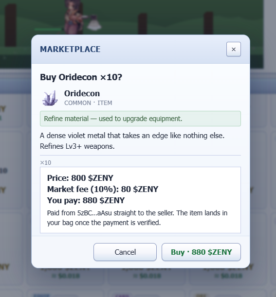 Qazpy84's tweet photo. Oridecon x10 secured 🫡💜 800 ZENY + 10% market fee, 880 total. Dense violet metal ready to sharpen those Lv3+ weapons. Time to upgrade the gear and cook! ⚔️✨ @IdleROGame https://t.co/2v3D9eWfWA