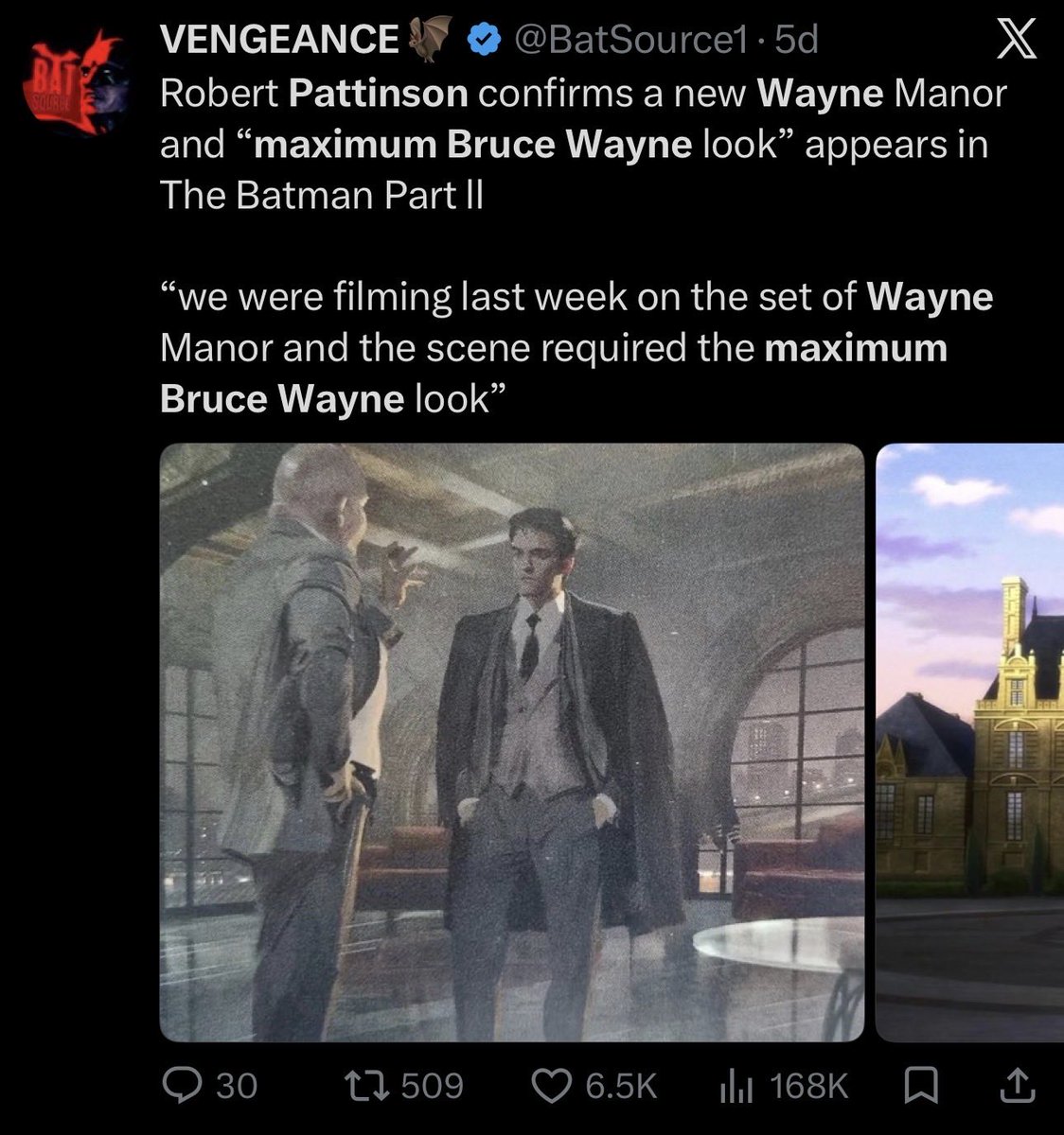 vigilantsummers's tweet photo. > New Wayne Manor/Tower
> New batmobile (completely wrecked batmobile spotted in set)
> "Maximum Bruce Wayne look" according to Pattinson
> "radical retelling" of Batman
> he said "only Matt would have allowed it"

I MIGHT JUST BE DELUSIONAL BUT WE MIGHT HAVE WON Y'ALL ✋😭 https://t.co/xyJw3QqD4S