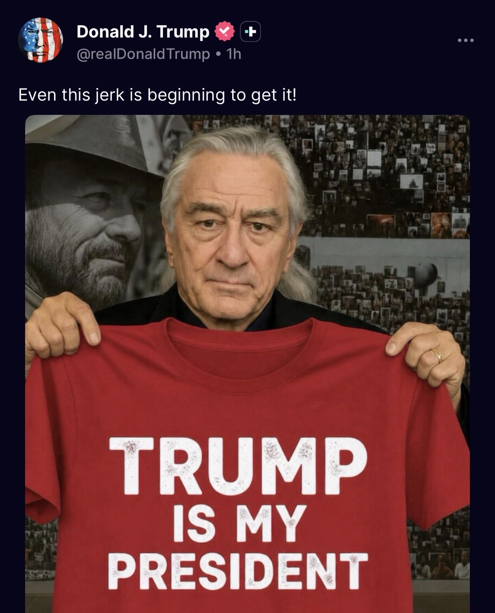 EdKrassen's tweet photo. Trump is so desperate that he’s now using AI to help spread his lies.

Robert Dinero does NOT support Trump. https://t.co/WzuNVyeBM0