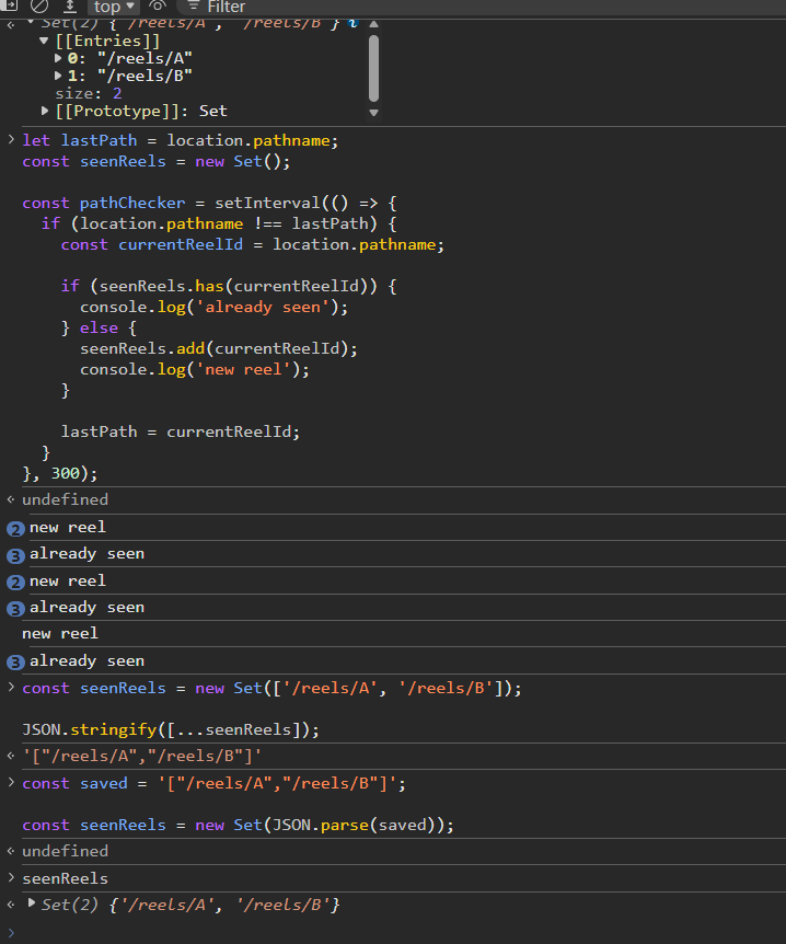 itstarunsen's tweet photo. 23:07,

Tried a few approaches that failed, then figured out location.pathname + Set could track unique Reels. Also learned how to persist the data using localStorage, JSON.stringify() and JSON.parse().

Lots of trial and error, but it’s working now. 🚀

#LearningInPublic https://t.co/VtfqwWxDdY