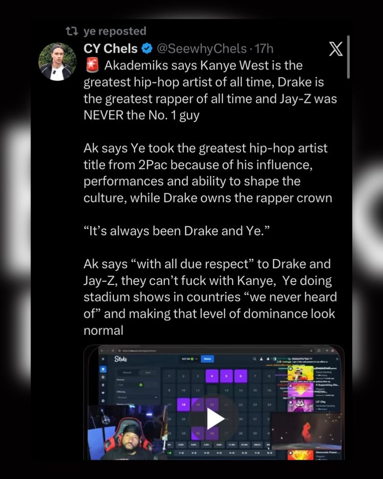 BlackMedia___'s tweet photo. Ye reposted Akademiks saying Jay-Z was NEVER the No. 1 guy, Kanye West is the greatest hip-hop artist of all time and Drake is the greatest rapper of all time.

“It’s always been Drake and Ye.”

Opinion: Jay Z was pushed onto everyone as the undisputed GOAT for so long that people started treating that narrative as fact. He was never that far ahead of everyone else to justify being presented that way.