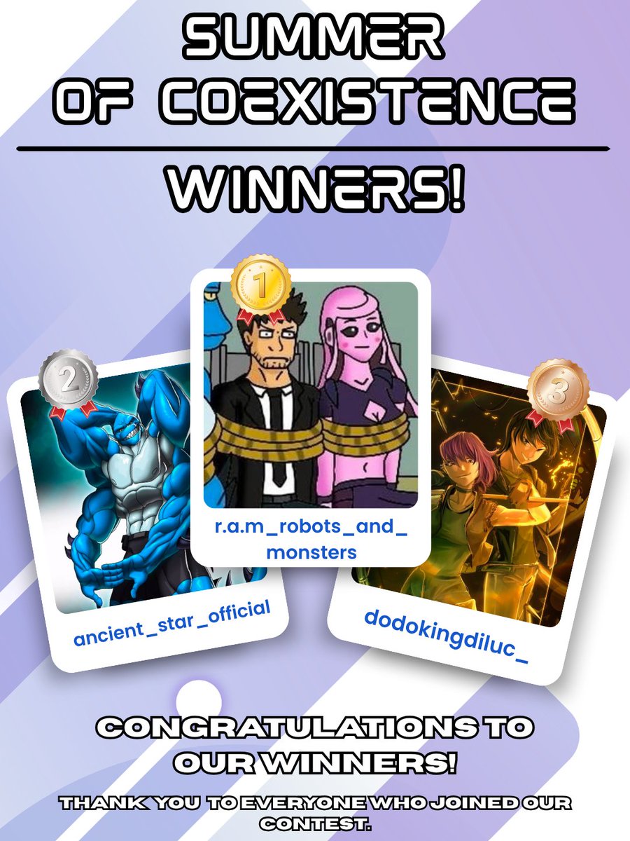 CoexistenceSaga's tweet photo. Our 3rd art contest has come to a close.
Thank you everyone who participated, see you next year! All the entries were so amazing! ๐ฅ ๐ we can't wait for next time!
#dtyis #artcontest #winners #SummerOfCoexistence #fanart #ocsky #comicsky https://t.co/d2jIz3jFTU