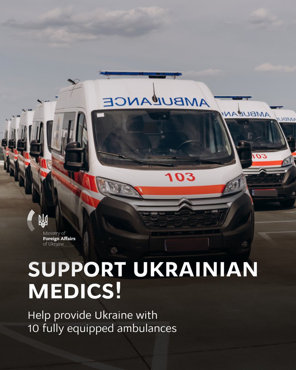 MFA_Ukraine's tweet photo. Support the fundraiser for 10 fully equipped ambulances for Ukraine! 

The Ministry of Foreign Affairs of Ukraine has joined the UNITED24 campaign launched with former astronaut, EMT and UNITED24 ambassador Scott Kelly to raise $1.2 million for 10 modern ambulances.

Ukrainian medics work under fire and travel through damaged roads to evacuate the wounded. Russian forces also target evacuation teams, including when they are helping civilians or heavily wounded soldiers. 

Unlike standard ambulances, armoured evacuation vehicles are built to withstand enemy fire. They are faster and more agile, helping medics reach the wounded quickly and safely. More protection means more lives saved. 

🔗 Join the fundraiser! https://t.co/WyvgYeiSQ8