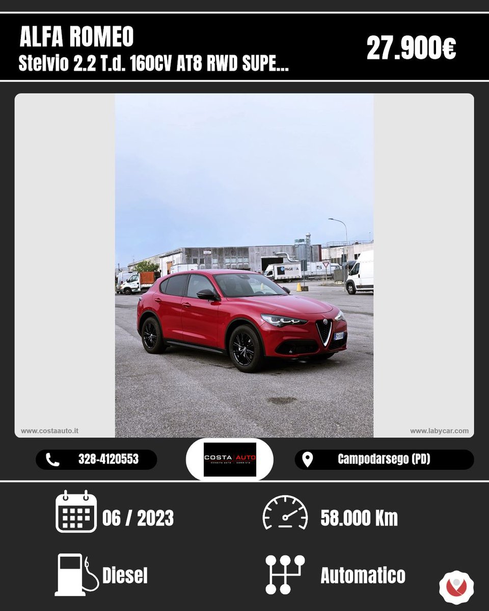 VestaScale58's tweet photo. ALFA ROMEO Stelvio 2. 2 TD 160HP AT8 RWD SUPER 
Costa Auto 
€27, 900 
06/2023 
Automatic 
5 doors 
5 seats 
Diesel 
2, 143 cm³ 
118 kW (160 HP) 
Campodarsego (PD) https://t.co/DEmSoiVoqn