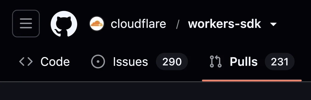 A screenshot of the GitHub tab bar for the Cloudflare workers-sdk repository showing a Code, Issues and "Pulls" tabs which used to be called "Pull Requests"