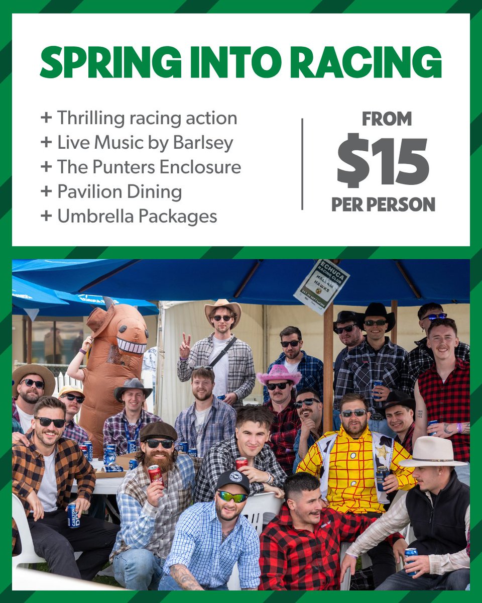 YokoAugle's tweet photo. Footy &amp; Netball Clubs: Your End-of-Season Trip Starts Here! Celebrate at Spring Into Racing, bet365 Echuca Racing Club, Saturday 19 September. Racing, live music, food, drinks and packages for every team. Book your end-of-season celebration today! https://t.co/P5R00GJOVm