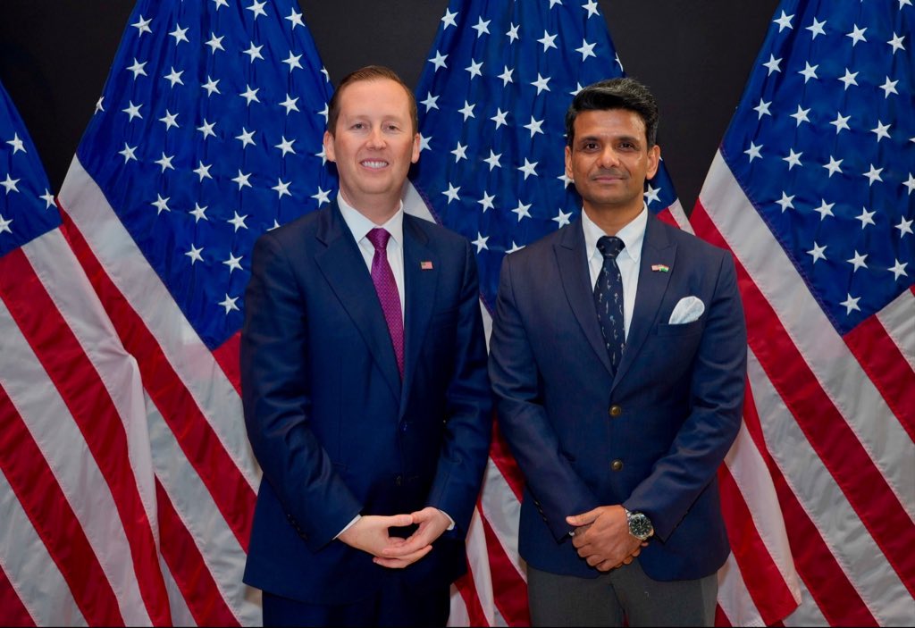 USAmbIndia's tweet photo. Enjoyed meeting @gagan_shux, the first Indian astronaut to travel to the @Space_Station. From training at @NASA to piloting @Axiom_Space’s Ax-4 mission, his journey showcases U.S.-India space cooperation at its best. https://t.co/X1InUYpweo