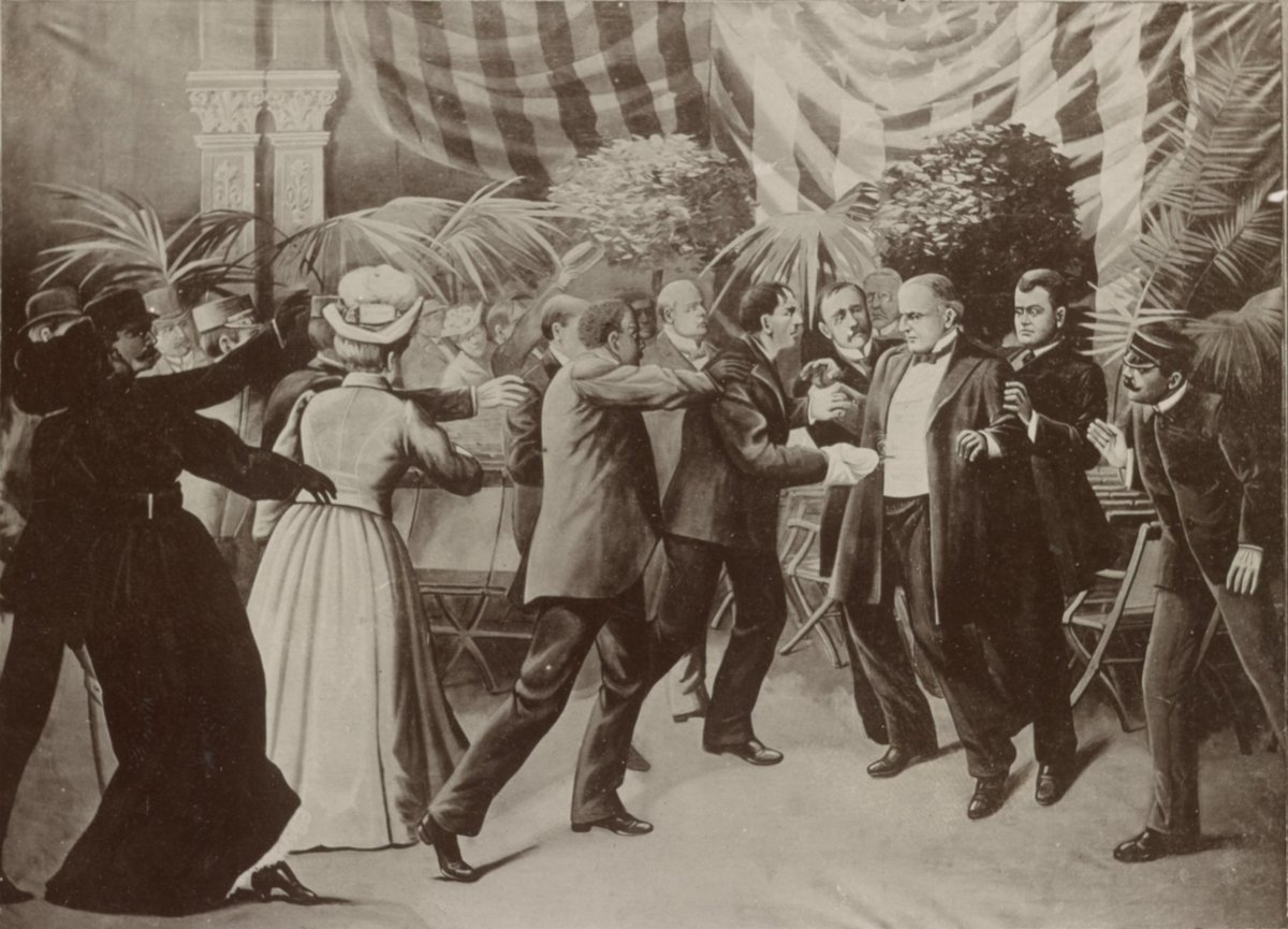 ChiefFarewell's tweet photo. 125 years ago! today, President McKinley was shot by anarchist Leon Czolgosz inside the Temple of Music at the Pan-American Exposition in Buffalo, NY. Here is a brief pictorial history of the event and location. In order of the photos: 1) The last photo of McKinley on his way into the Temple of Music minutes before he was shot; 2) the interior of the Temple of Music, the X marking the spot where he was shot; 3) a bustling crowd outside the Temple of Music (note that every heard is covered by a hat of some sort and all men and women are well dressed ); 4) the illustration is fairly accurate, but increase the distance of Czolgosz to McKinley to a few feet rather than inches. Eight days later, our 25th President would exit the national stage, losing his life to gangrene. The public in attendance-outside and inside waiting to shake his hand-had no idea the hell that was soon to unfold. At this time, although there were anarchist factions (the exact number is unknown) determined to alter the course of national history, the notion that someone would seek to harm or kill the well-beloved McKinley was beyond the pale to millions. Czolgosz acted alone, but he was inspired to dispatch McKinley, driven by the rabble rousing speeches of famed anarchist Emma Goldman. From 1865 to 1901, a span of 36 years, three presidents were shot, ushering their vice-presidents into office.